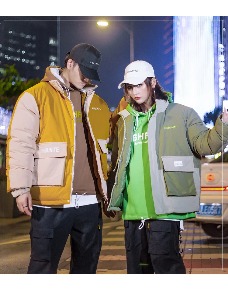 Legible Couple Patchwork Hip Hop Thick Parka Men Woman Streetwear Winter Fashion Parka Coat Lovers Safari Style Jacket