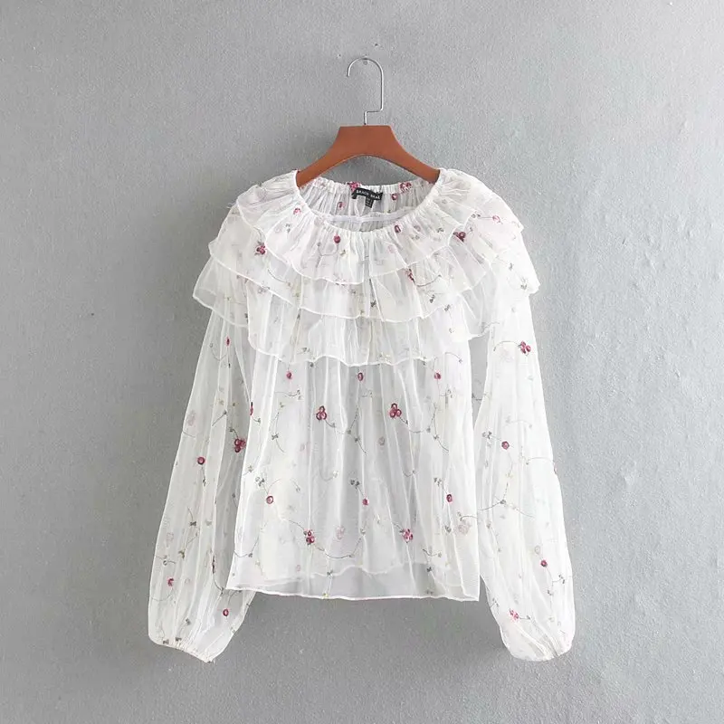 

Flower Embroidery Women Cascading Ruffle Shirt Lantern Sleeve Smock 2019 Autumn Leisure Lady Blouse O Neck Tops S6176
