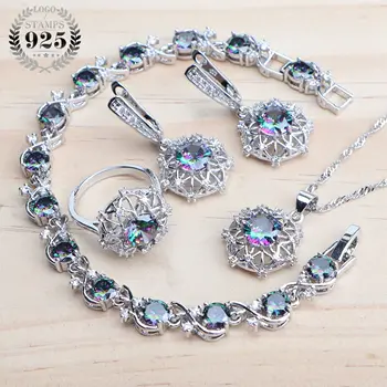 

925 Sterling Silver Jewelry Sets For Women Wedding Jewerly With Magic Rainbow CZ Pendant Necklace Set Earrings Rings Bracelets