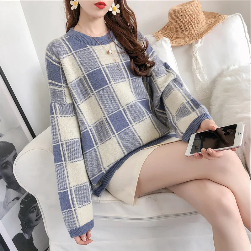 

Women Loose Plaid Pullover Sweater Korean Style Lazy oaf Knitted Jumper Autumn Tops Ladies Fall Clothing