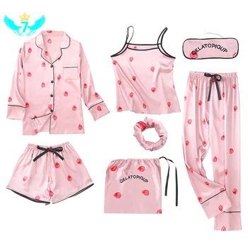 

7 Pieces/Set Women's Silk Rayon Pajamas Sets Satin Thin Casual Long Sleeves Sexy Sling Homewear TOA