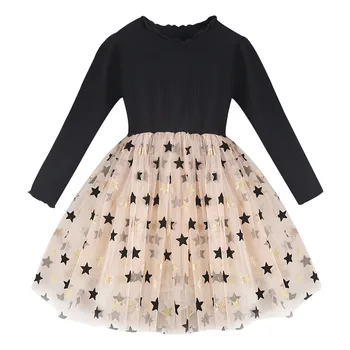 

Spring Autumn New Girls Clothes Kids princess dress beautiful stars Girls dance party dress Long sleeve O-Neck black 3-11years