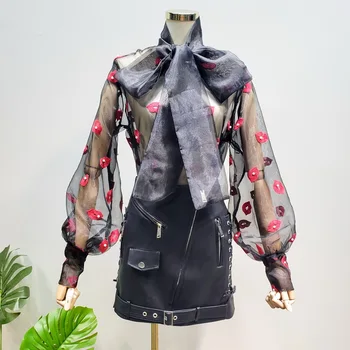 

2019 Real Blusa Vadim Woman Shirt Heavy Industry Lips Embroidery Pearl Scarf Collar Sexy Perspective Lantern Sleeve Organza