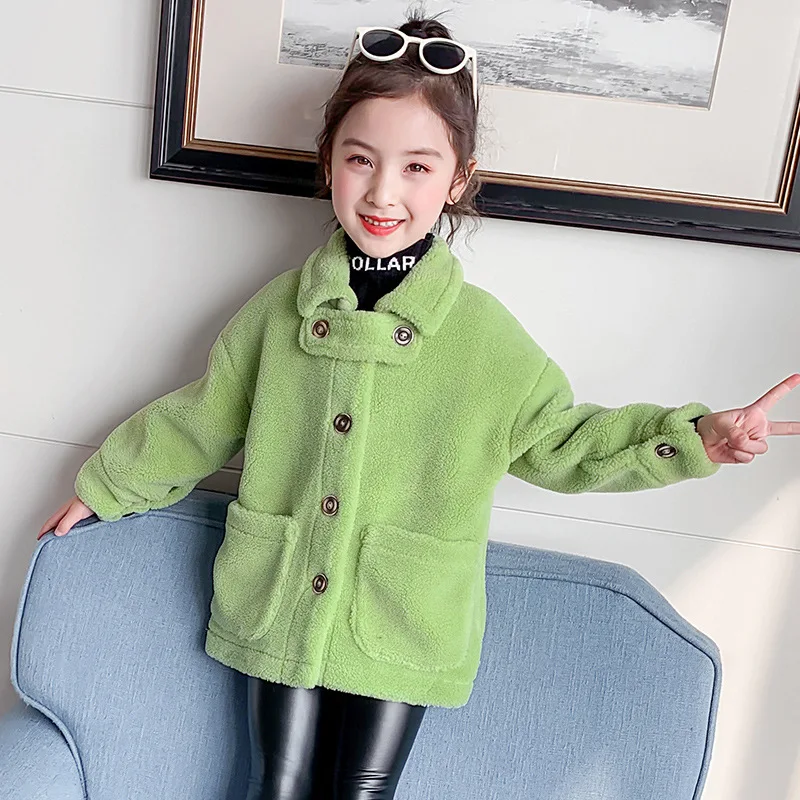 

Children Thicken Faux Fur Baby Coat Winter Pure Color Velvet Warm Kids Jackets Casual Outwear Toddler Girl Lapel Cotton Overcoat