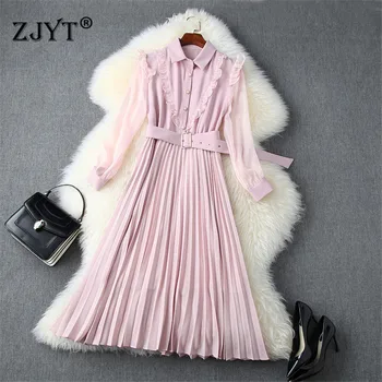 

2020 New Fashion Runway Designers Autumn Dresses for Women Full Sleeve Elegant Ruffle Midi Pleated Dress with Belt