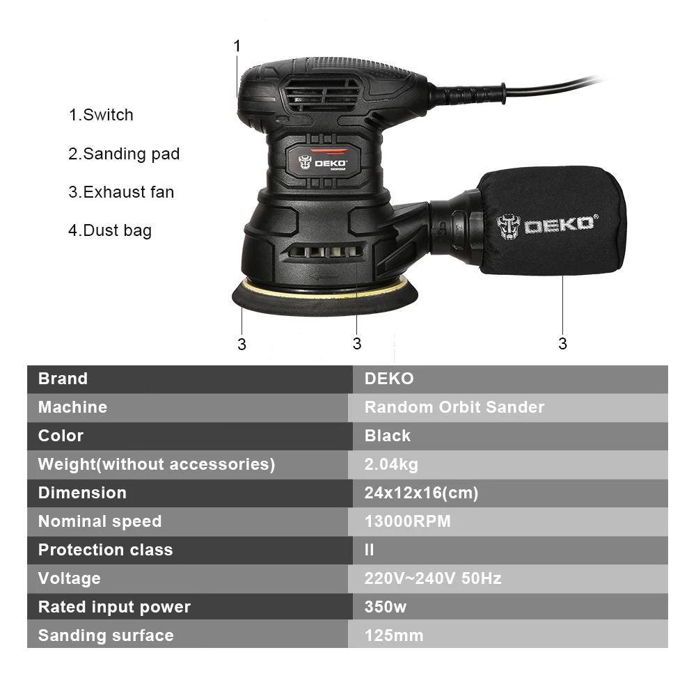 DEKO DKSD125J1 350W случайная орбитальная шлифовальная машина с пылесборником и