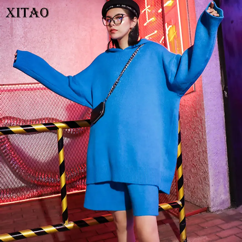 

XITAO Thick Irregular Two Piece Set Hooded Collar Loose Top Women Clothes 2019 Winter Elastic Waist Western Style Pants XJ2710
