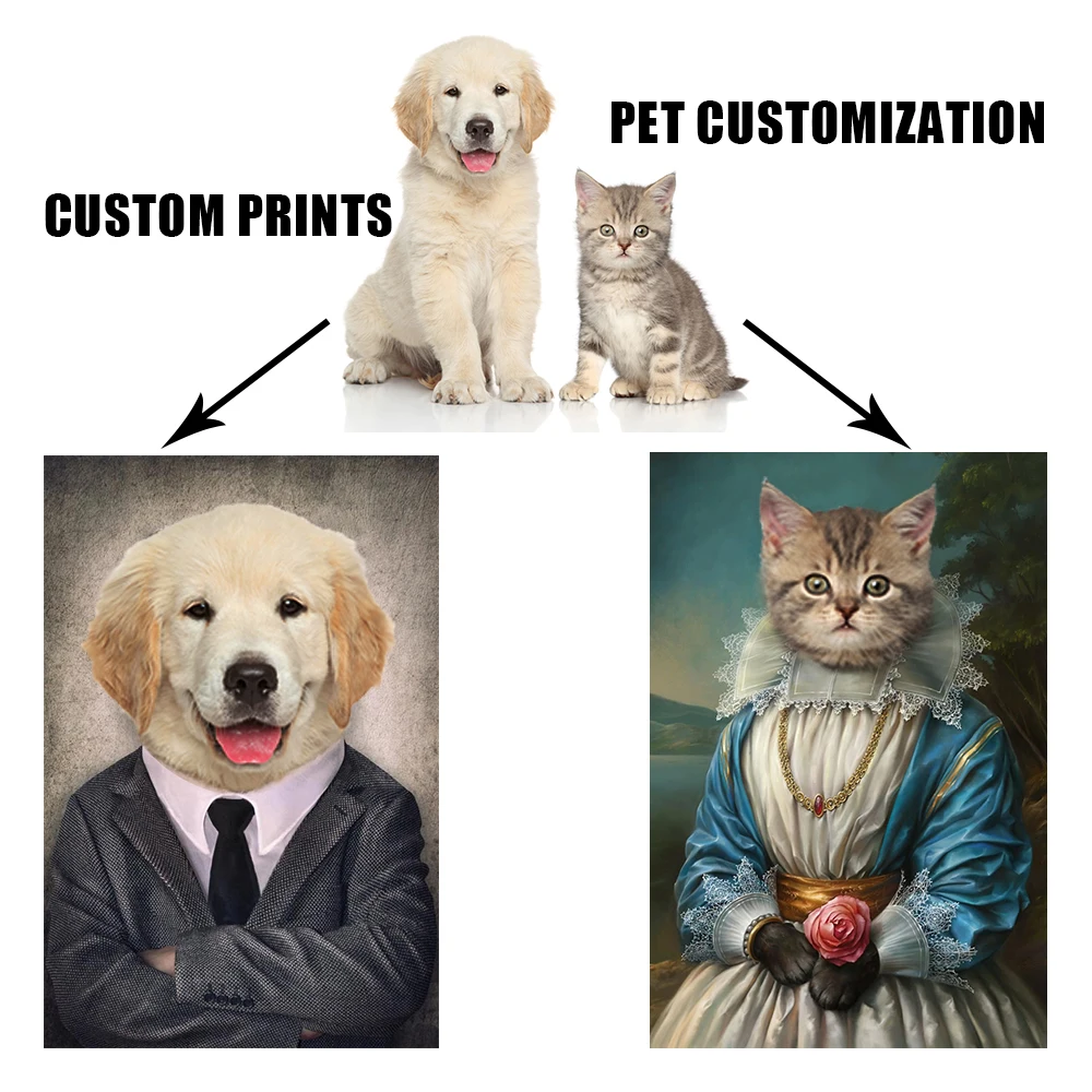 Pet Photo Custom Poster Funny Animals Canvas Painting Personalized Dog Cat In Suit Interesting Wall Art Pictures for Gift Decor