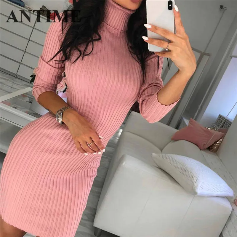

ANTIME Short Wrap Slim Dress Spring Autumn Turtleneck Casual Women Long Sleeve Pink Sheath Bodycon Ribbed Pretty Dress Noodle