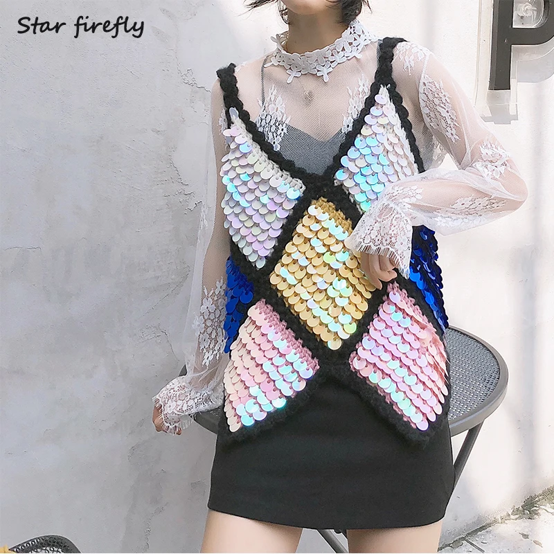 

Star firefly fashion high street V-neck sexy plaid tank female 2019 casual wild loose handmade woven sequin vest women