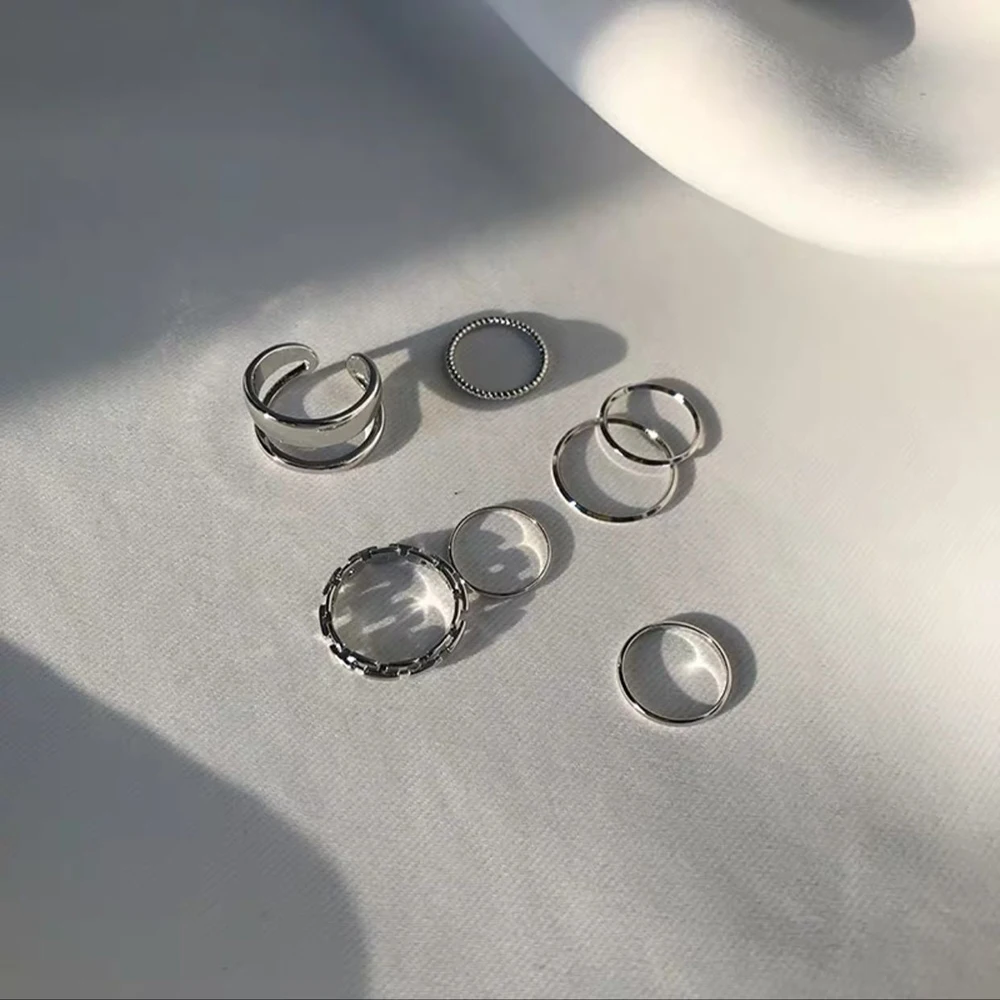 Ring Set 7PCS/SET Korea Fashion Mixed Minimalist Geometric Round Metal Open For Women