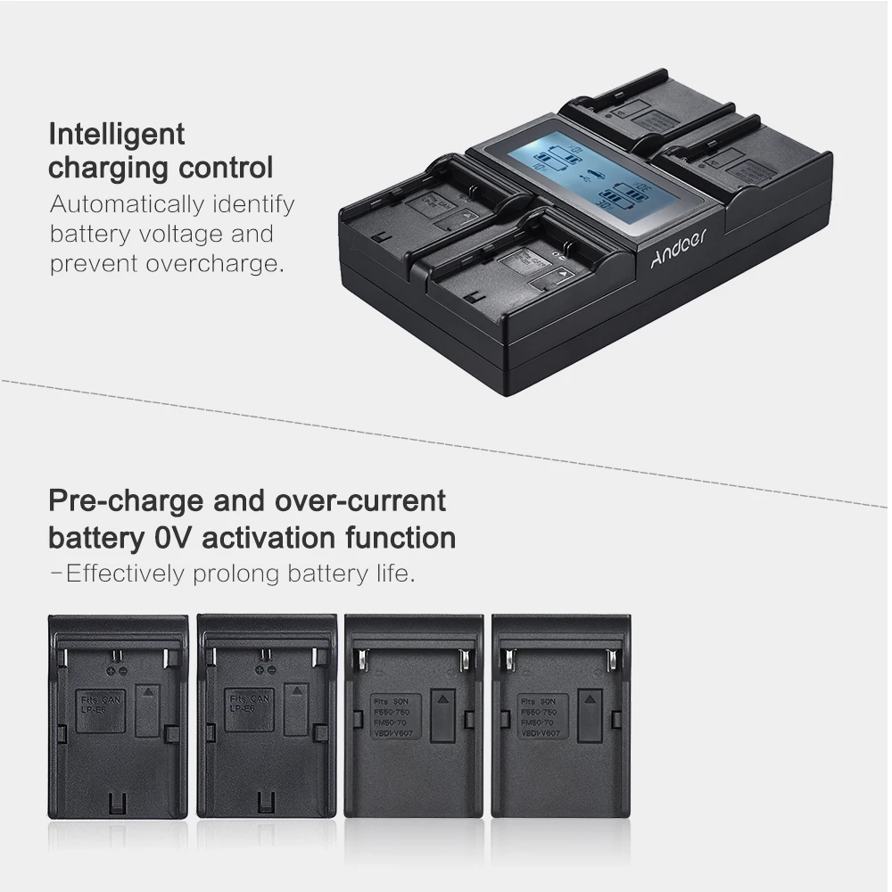 

LP-E6 LP-E6N NP-F970 4-Channel Digital Camera Battery Charger LCD for Canon 6D 7DII 80D 5D Serie Sony NP-F550 F750 etc
