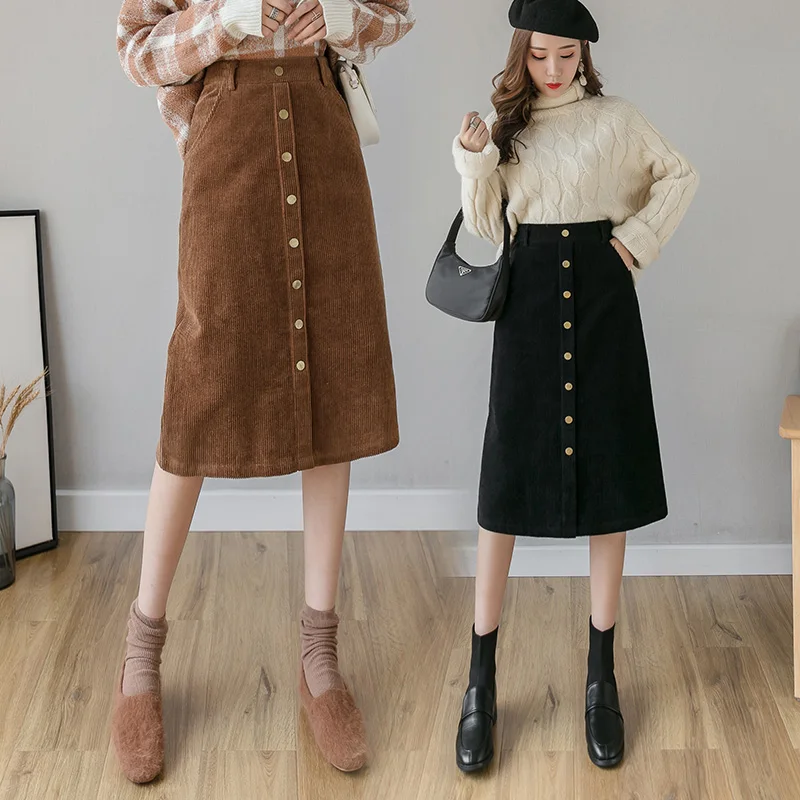 

autumn Winter New Retro Midi Skirts High Waist Metal Button Corduroy Black Khaki Women Midi Skirts Fashion Slim Warm Skirts
