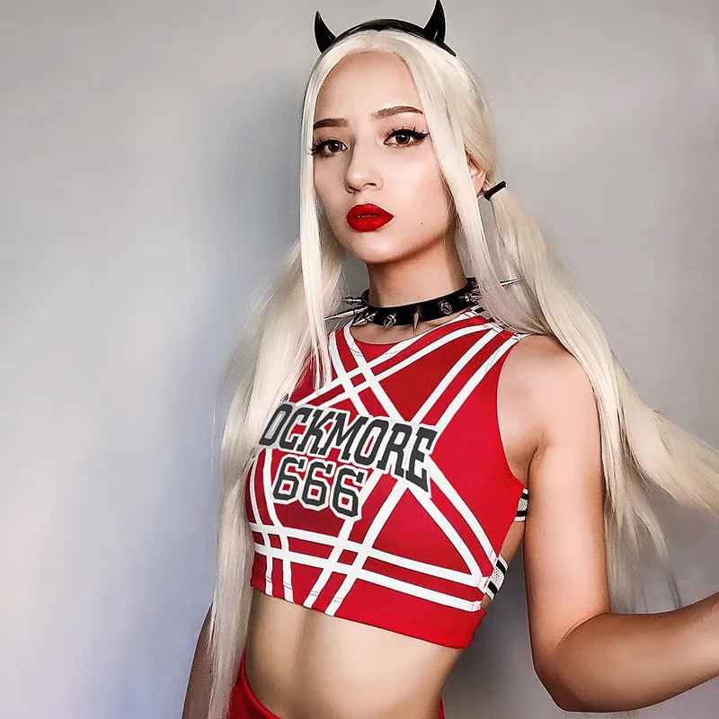 

Women Gothic Punk Fitness Workout Tank Top Summer Stripe Bandage Backless Letter Print Cropped Top Female Cami Cute Shirt