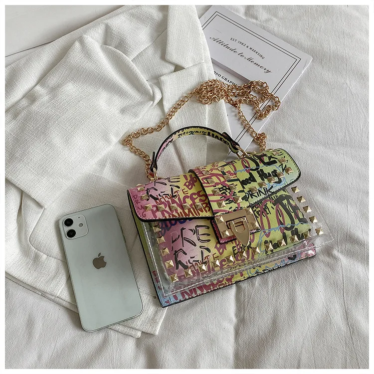 PVC Transparent Jelly Bag 2022 Fashion Graffiti Chain Single Shoulder Messenger Bag Purses and Handbags Tote Bags for Women