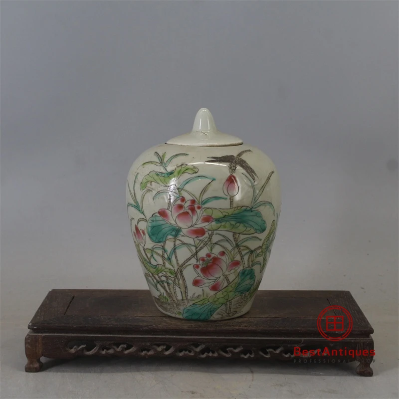 

Qing Tongzhi Hand-painted Lotus Winter Melon Can Cover Old Goods Antique Vase Decoration Porcelain Collection Retro Home Decor