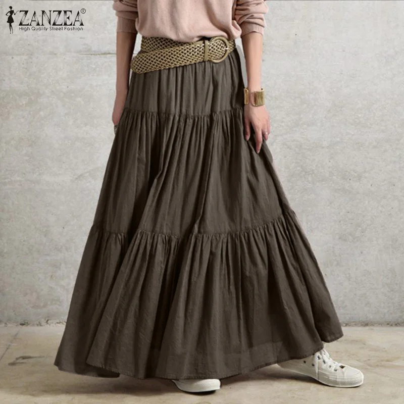 2021 ZANZEA Spring Solid Skirts Vintage Women's Ruffle Sundress Casual Elastic Waist Long Vestidos Female Robe Femme Oversized