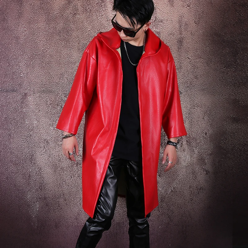 Men's Singer Concert Trench Costume Red Faux Leather Windbreaker Hooded PU Cloak Long Overcoat Tide Male Dancer Hip Hop Coat