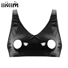 Сексуальное женское кожаное нижнее белье, блестящий латексный бюстгальтер, укороченный топ, одежда для ночного клуба, сексуальные открытые соски, с дырками, на молнии сзади, топы без рукавов