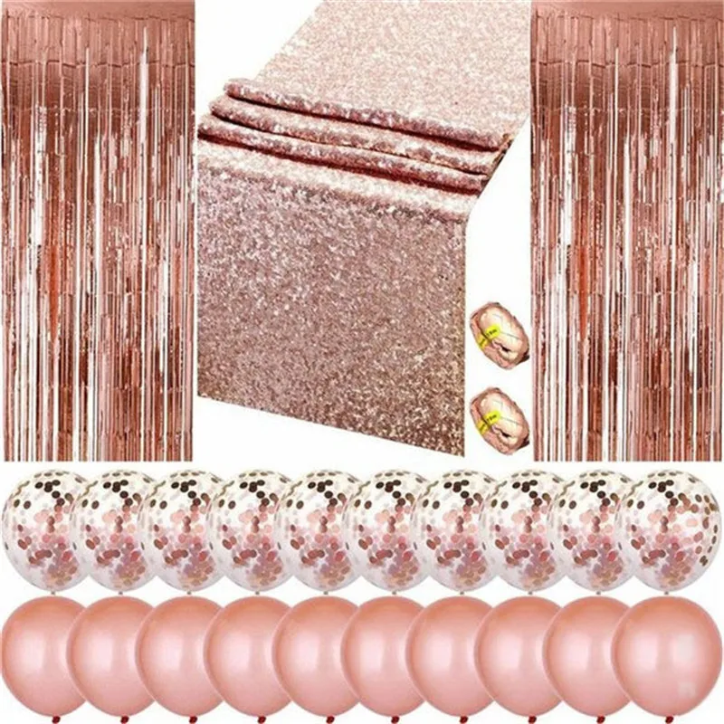 

Wedding Party Decoration Set Rain Silk Curtain Curtain Sequins Table Flag Tablecloth Rose Gold Gold Silver Ribbon Party qq058