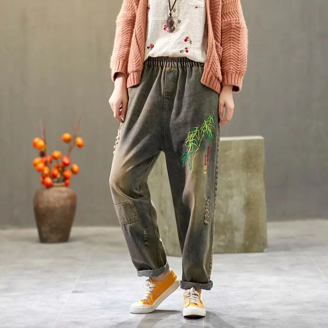 Runback рваные джинсы для женщин с вышивкой и высокой талией Pantalones джинсы vaqueros Mujer эластичный пояс размера плюс джинсовые штаны-шаровары