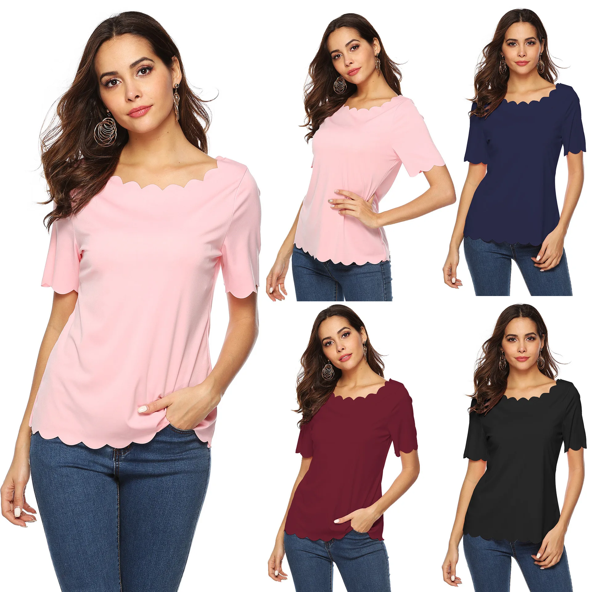 

Amazon Europe And America Summer WOMEN'S Dress Solid Color Flower Burning Wavy Edge Simple Slim Fit Short Sleeve Leisure T-shirt