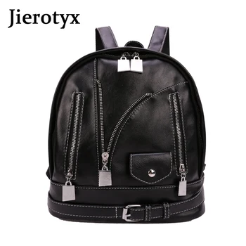 

JIEROTYX Fashion Women Backpacks Solid Metal Lock Zipper Soft Washed Leather Bag Girls Punk Schoolbags Travel Sac A Dos 2020