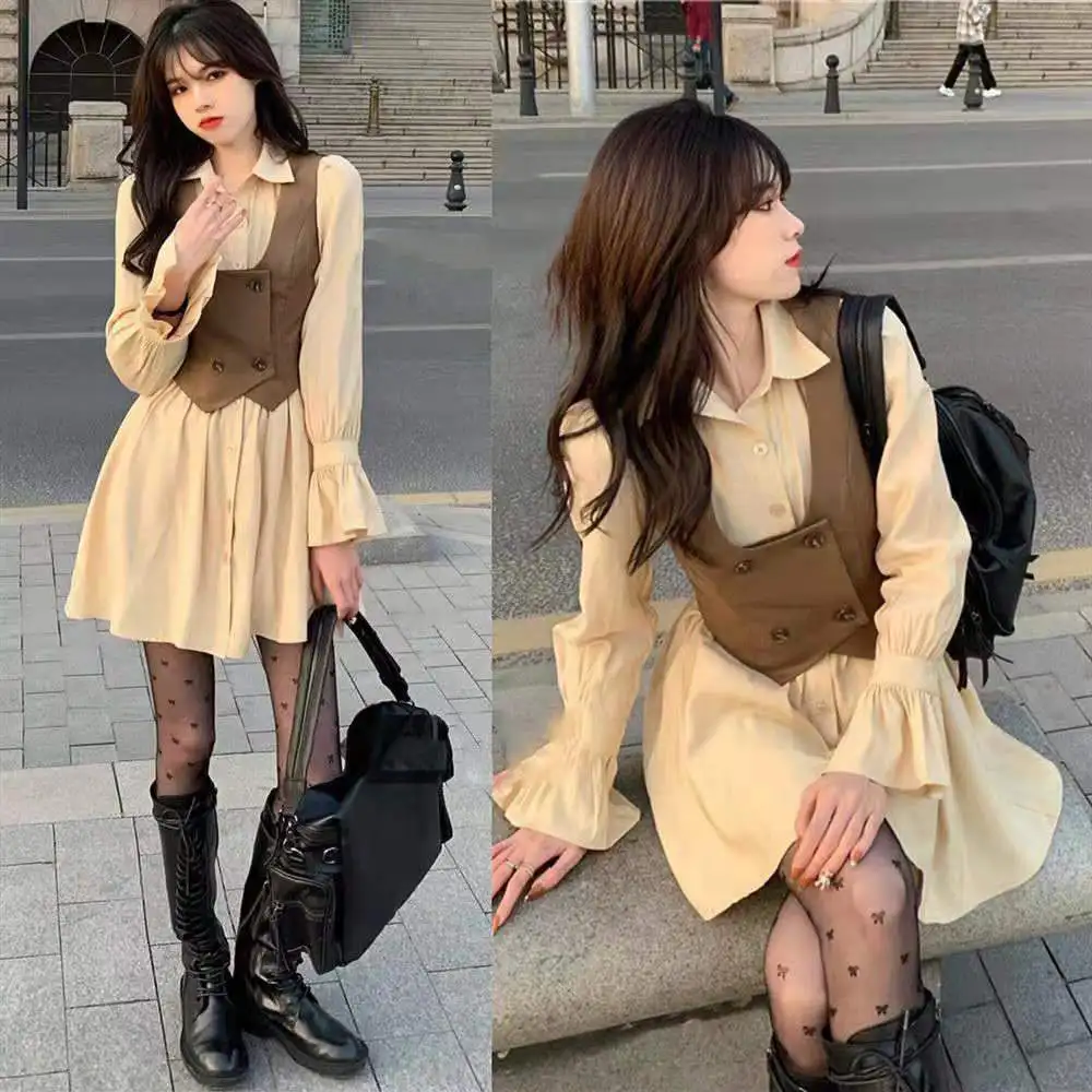 Brown Fairycore Pleated Dress Women Harajuku Long Sleeve 2000 Aesthetic Mini Dresses Cyber Y2k Alternative Two Piece Set Clothes black dress for women