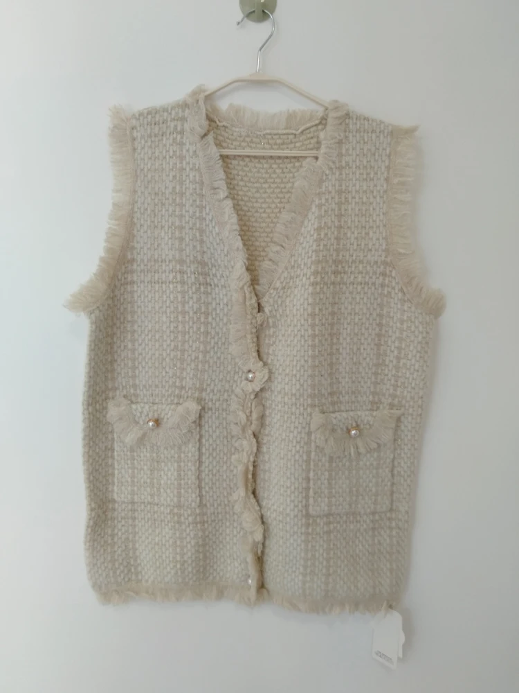 Women New Retro Black Beige Plaid Tweed Vest Houndstooth Waistcoat Pockets Long Sleeveless Tassel Jacket Outerwear Female Tops