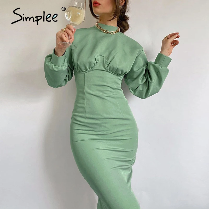 Simplee Palace style winter womens dress Elegant long sleeve high collar dress Retro High Waist casual womens dress 2020 new
