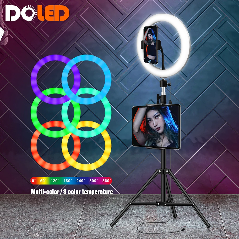 anillo de luz led rgb de 10 pulgadas con tripode soporte para telefono y tableta para selfi foto youtube tiktok streaming de video lampara led