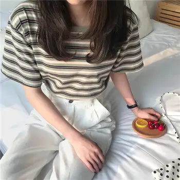 

Yfashion T-shirt Women T Shirt Loose Stripes Printing Short Sleeve Summer Round Collar Tops Tunic Ladies Tunics Plus Size
