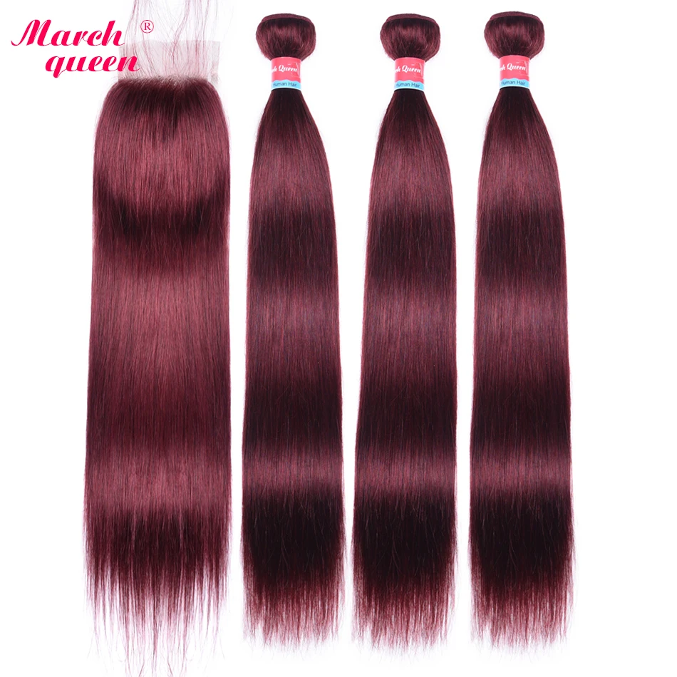 March Queen Mongolian Straight Hair Bundles With Closure #99J Red Wine Color Human Hair Weave 3 Pie