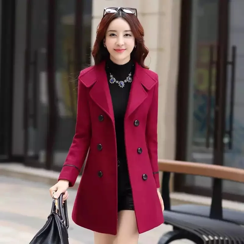 Joineles, корейский стиль, Осень-зима, Женское шерстяное пальто, однобортное, с отворотом, для офиса, женская верхняя одежда, тонкая, повседневная, размера плюс, 3xl, пальто - Цвет: Red Wine