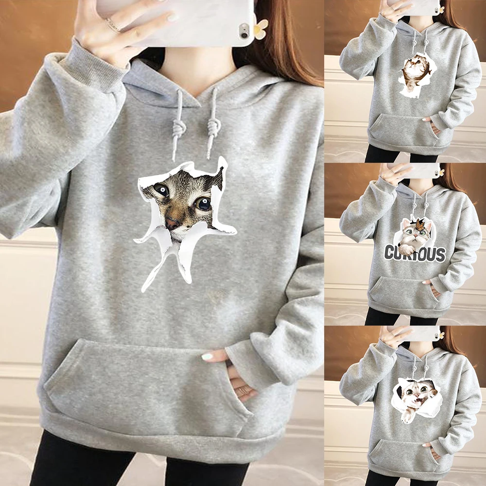 Womens Sweatshirts Hoodie Student Couple Pullover Harajuku Cute Kitten Print 2021 Autumn and Winter Clothing Suit Shirt