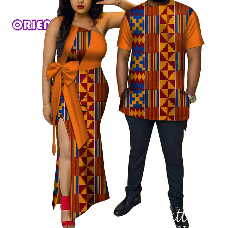 Африканская парная одежда женское платье Мужская рубашка Базен Riche Африканский принт одно плечо вечерние платья футболки для влюбленных WYQ114 - Цвет: 24