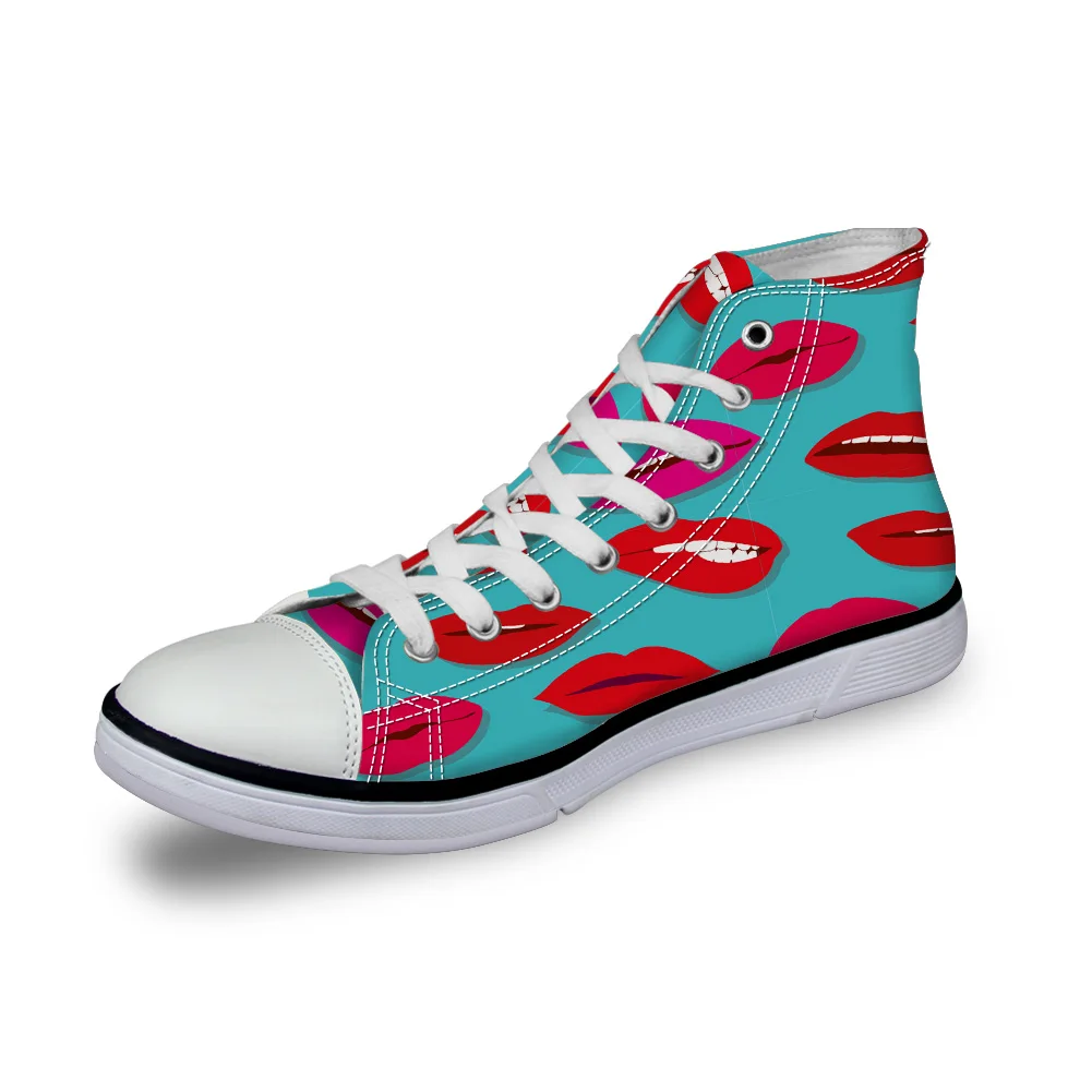 

WHEREISART Women Canvas Shoes Cartoon Funny Red Lips High Top Flats Unisex Vulcanized Shoes Female Casual Shoes