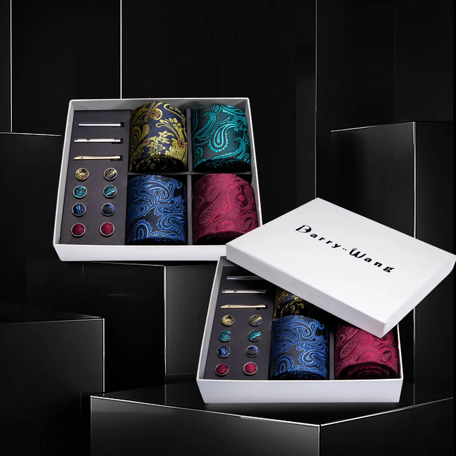 

Men Ties Gold Blue Paisley Silk Men Wedding Necktie Handkerchief Gift Box Set Male 4pc Tie For Men Gift Barry.Wang Gravat BB4-03