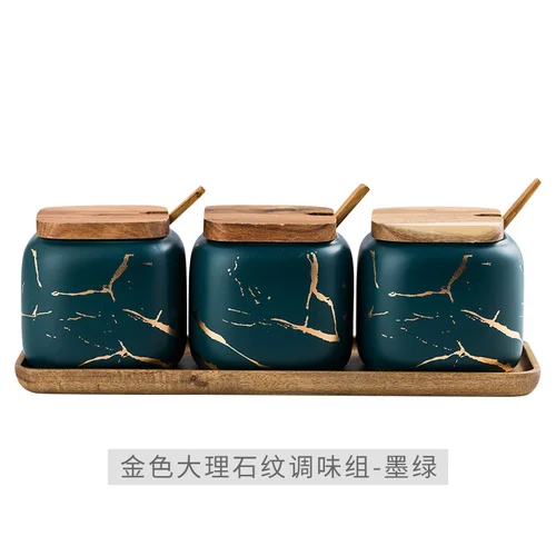 Marble Pattern Ceramic Kitchen Seasoning Tank Set Wooden Cover Sugar Salt Storage Tank Salt Shaker Spice Jar Kitchen Accessories - Цвет: green--3-piece set