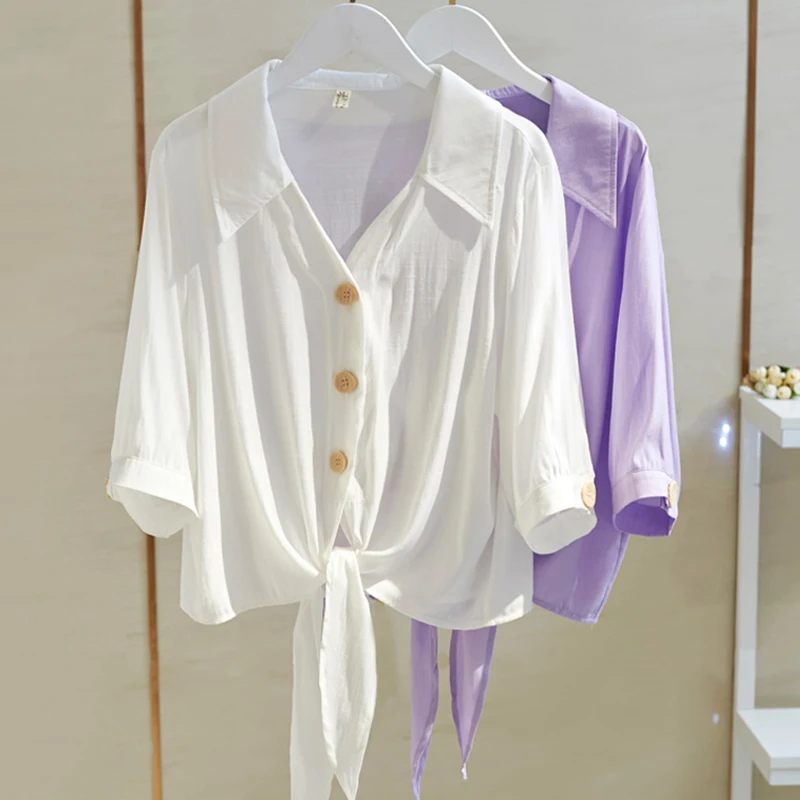 Blusa de manga corta con botones para verano, camisa blanca elegante con botones para mujer, corte holgado, 2020