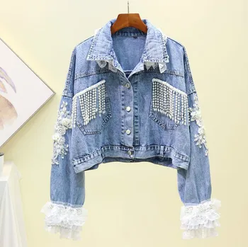 

New Spring/autumn Heavy Pearl Bead Tassel Lace Embroidered Short Denim Jackets Women Blue Jeans Coat Student Loose Outwear