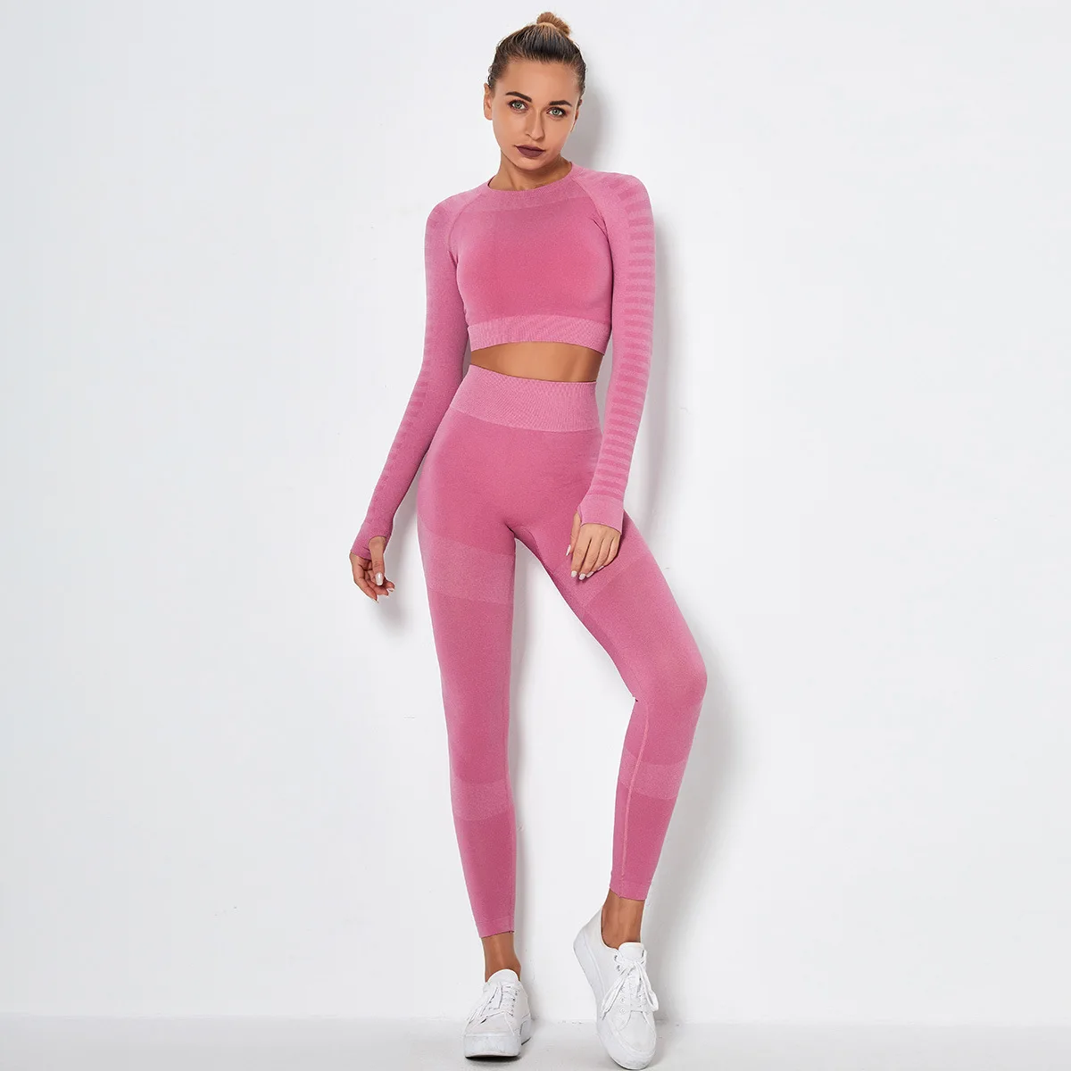 

Seamless Knitted High-elastic Yoga Set Slim Long-sleeved Workout Clothes for Women Running Fitness Leggings Pants Gym Clothing