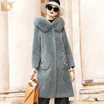 

Real Fur Coat Female Fox Fur Hooded 100% Wool Jacket Autumn Winter Coat Women Clothes 2019 Korean Vintage Long Sheep Shearling