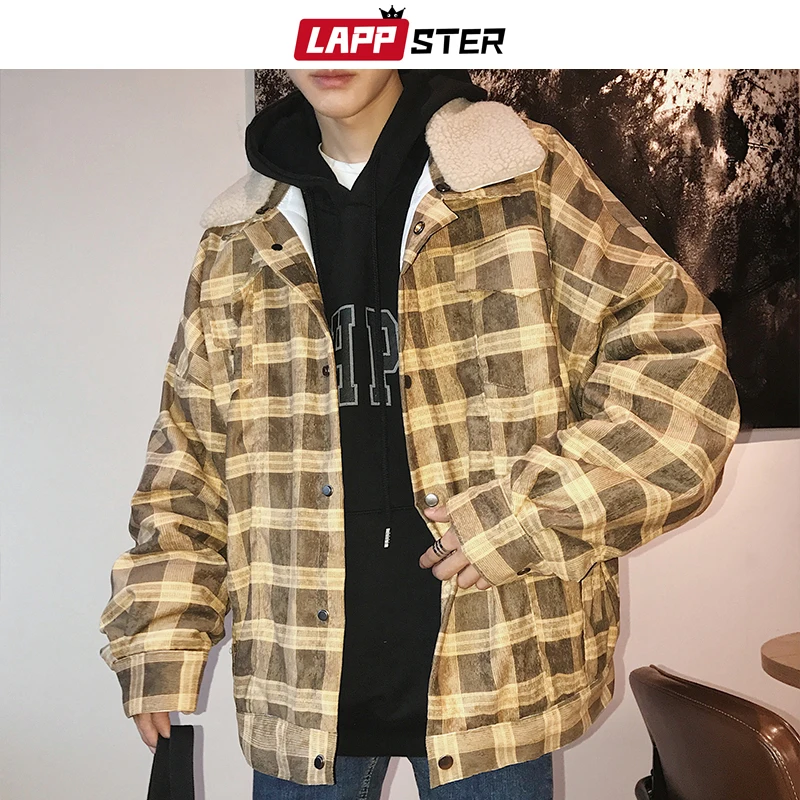 LAPPSTER мужские шерстяные вельветовые куртки зимние мужские уличные Harajuku клетчатые куртки корейская мода толстые негабаритные ветровки