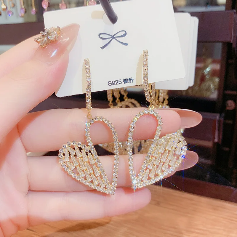

LUALA Luxury Zircon Dangle Earrings For Woman Gold Guarantee Big Heart Shiny Earring Korean Fashion Jewelry S925 Needle