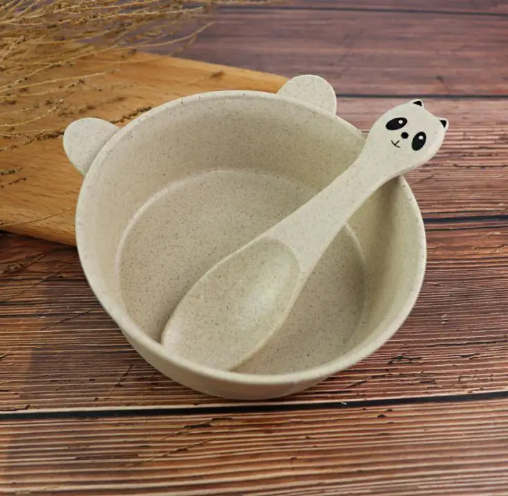 Beige Детская миска для риса простая Милая в форме панды чаша ложка набор пшеницы разлагаемая изоляция анти-миска для горячего супа - Цвет: Beige