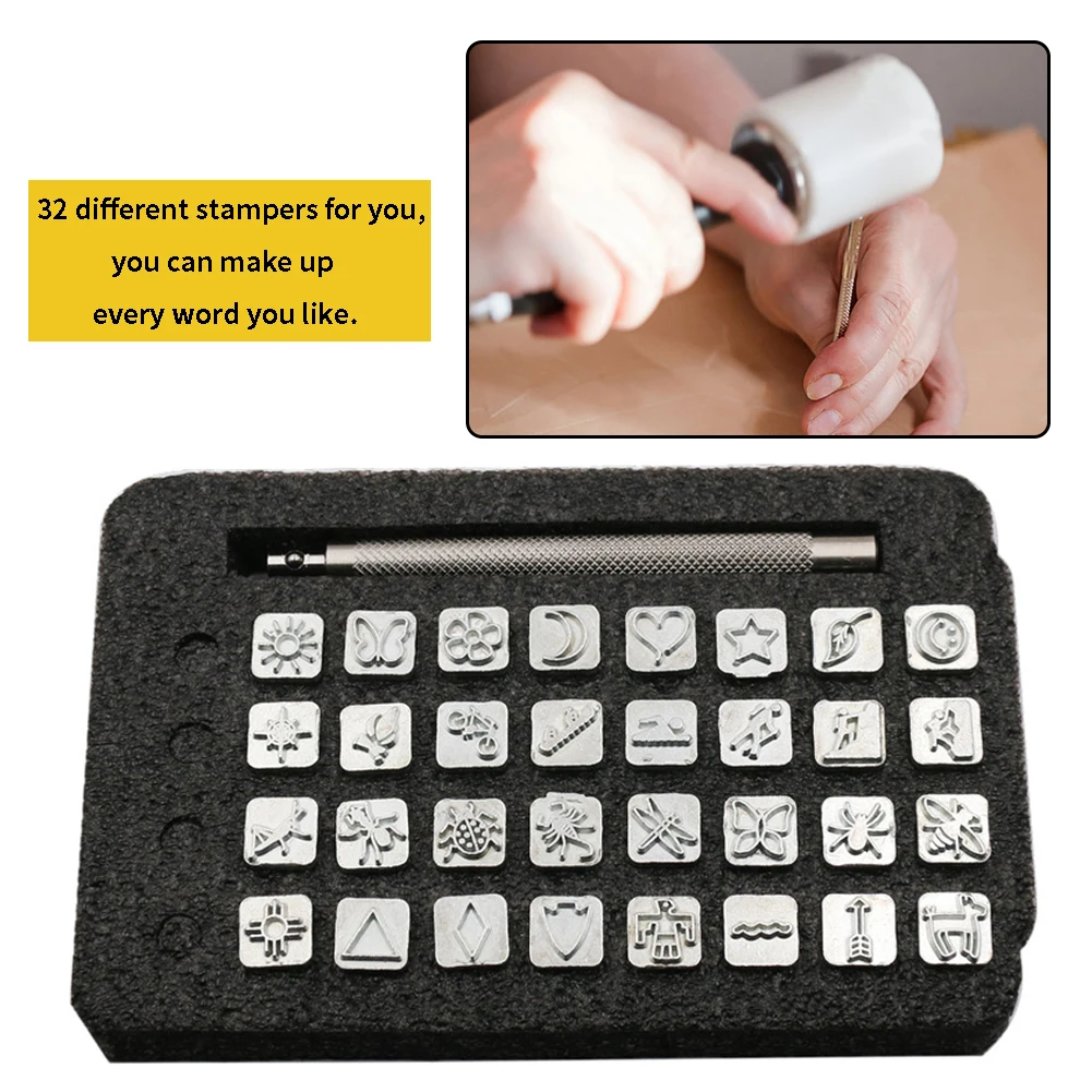 32pcs For Leather Carving DIY Crafts Patterns Art Solid Printing Making Working Tanning Punch Stamping Tool Set Metal