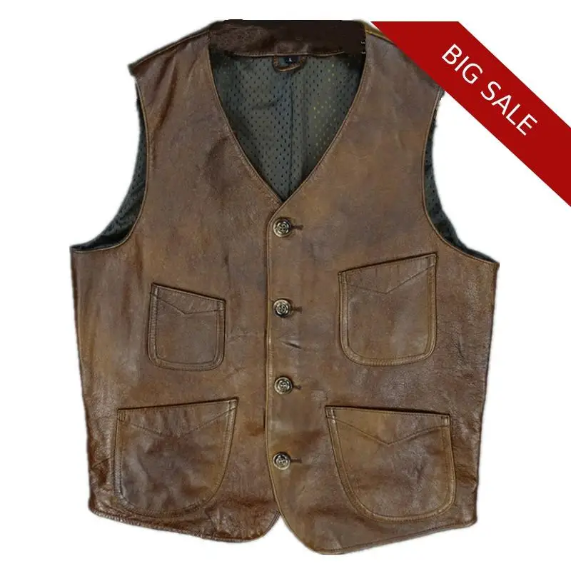 

2020 Vintage Brown Men Casual Leather Vest Single Breasted Plus Size XXXXL Genuine Cowhide Autumn Shot Natural Vest