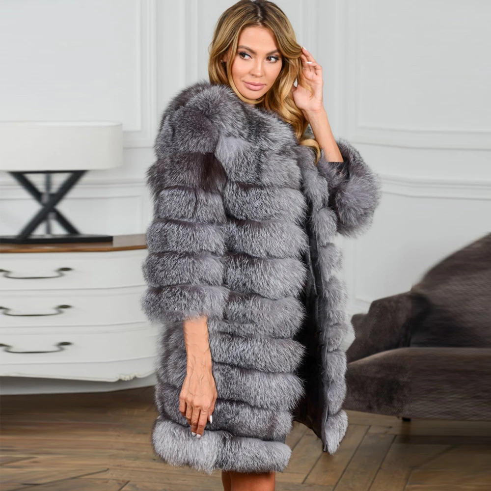 TOPFUR, модное женское пальто с натуральным мехом средней длины, одежда из натурального меха серебристой лисы, Женское пальто с рукавом три четверти, серая куртка