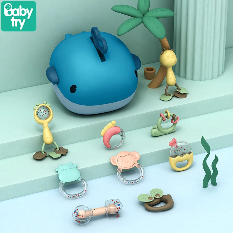 Sonajeros con caja de almacenamiento para bebé, juguetes educativos para niño pequeño, mordedor de goma suave con música, juguetes Montessori para bebé, regalo de Navidad para recién nacido